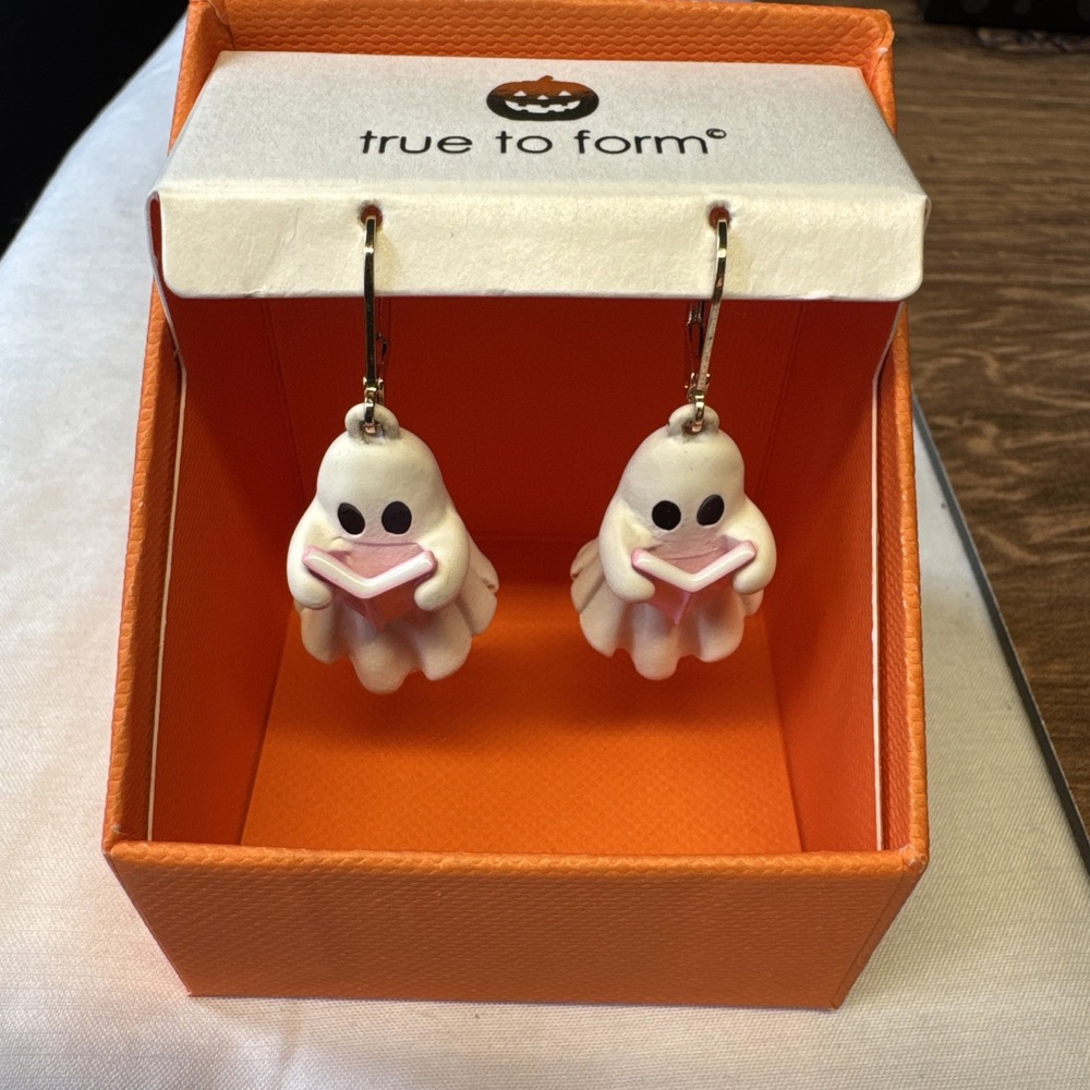 True To Form Ghost Reading Book Earrings Dangle White Pink Halloween Viral New
